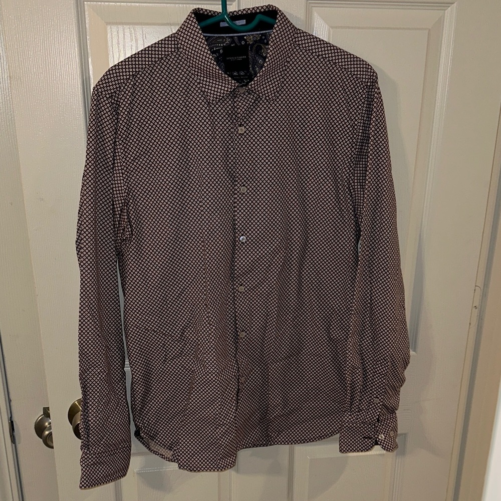 Men’s Denim & Flower Burgundy and White flower Patterned button up Shirt